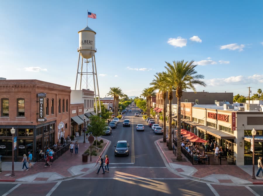 The Gilbert water tower above Heritage District storefronts on a clear afternoon.