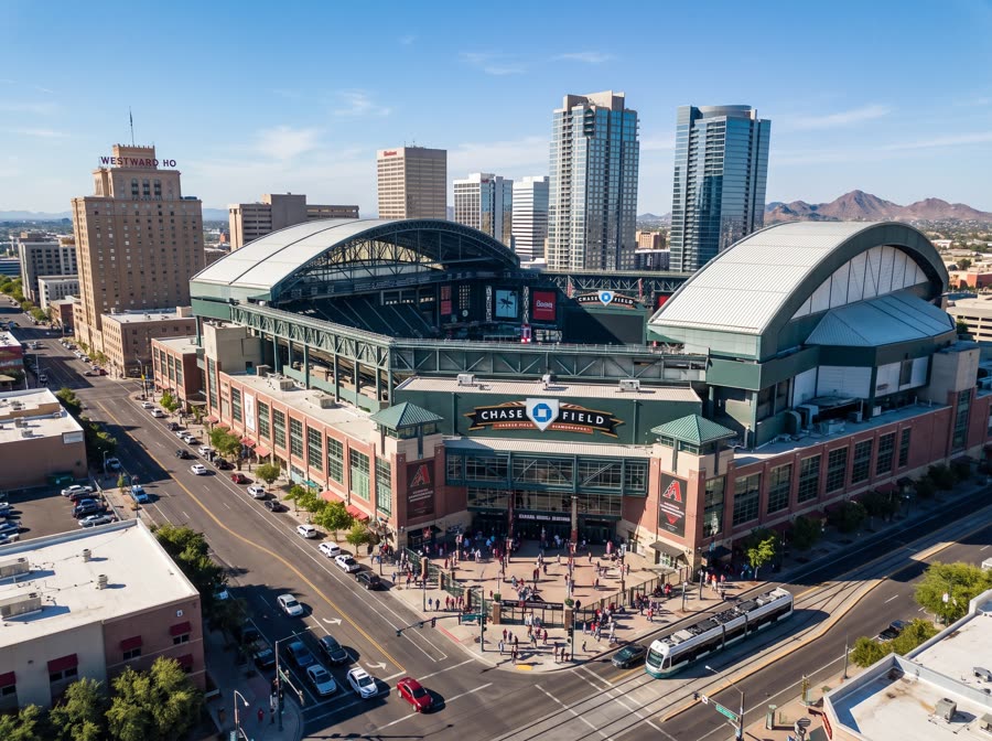 The downtown Phoenix skyline seen from above, ballpark in the foreground.