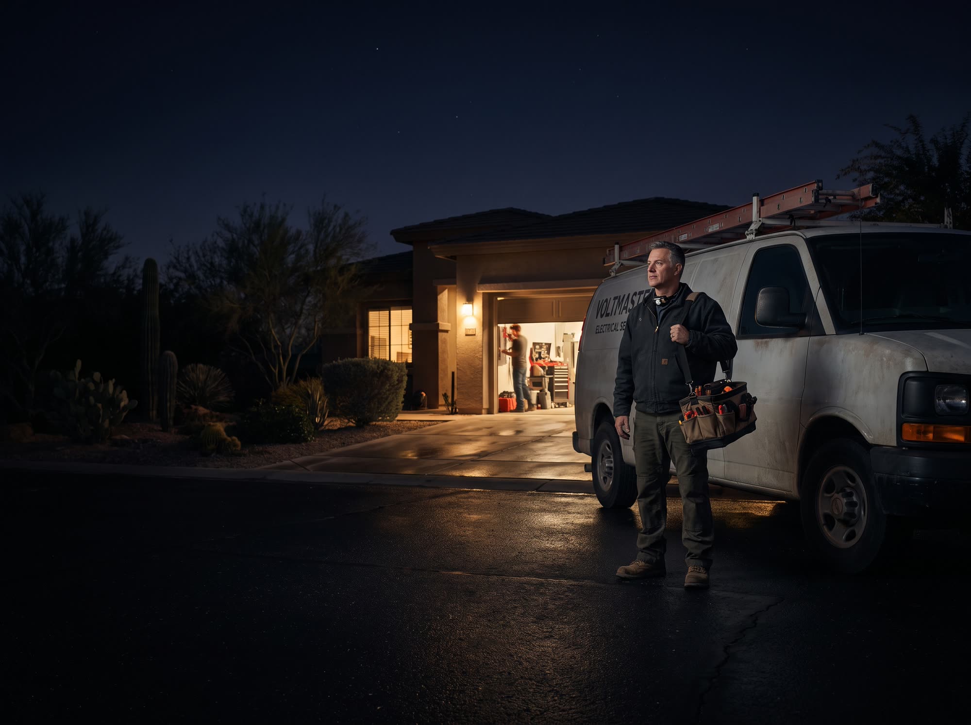 A Chandler-style residential street at dusk, single-storey homes and desert landscaping.