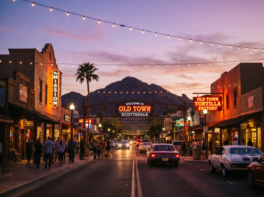 An Old Town Scottsdale street at dusk, string lights overhead and Camelback Mountain behind.