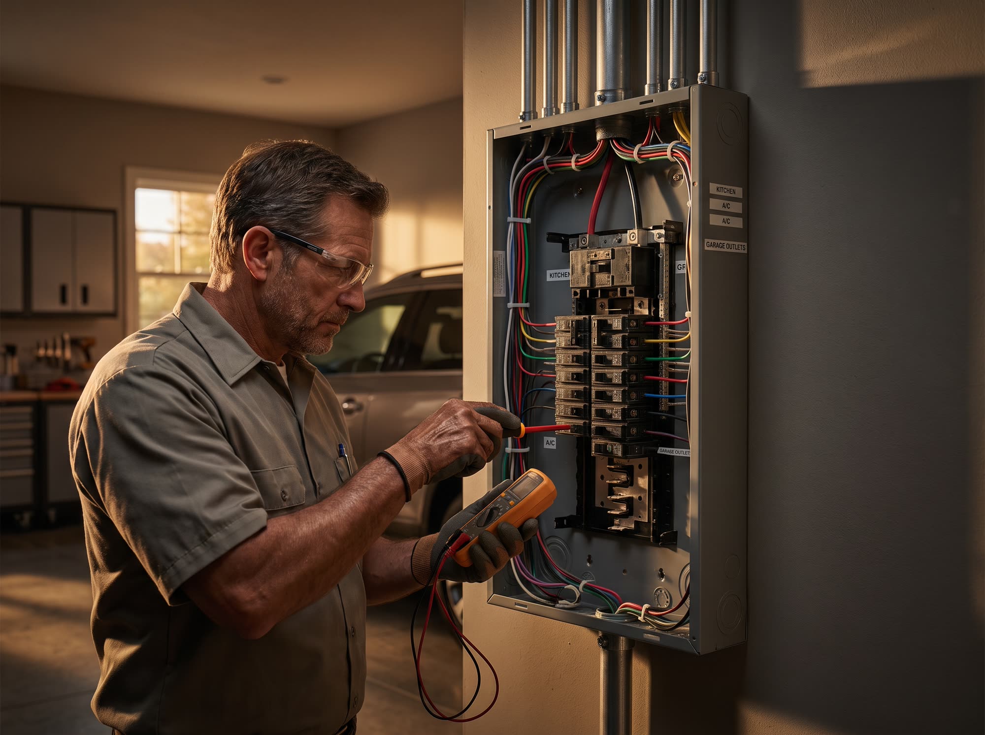An electrician working inside an open residential breaker panel.